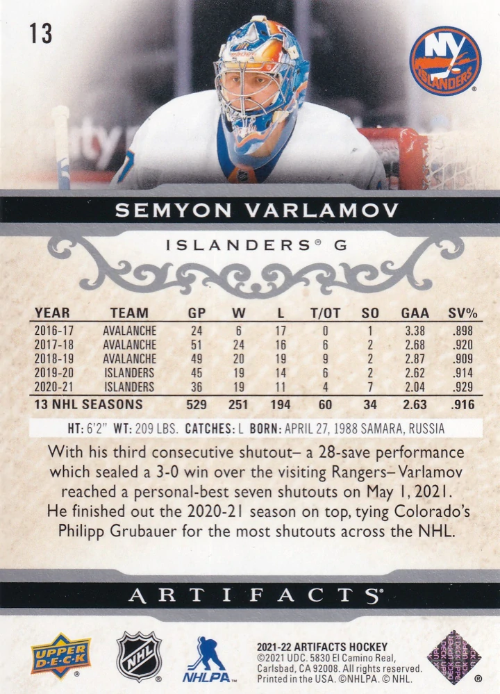 2021-22 UD Artifacts - Semyon Varlamov #13