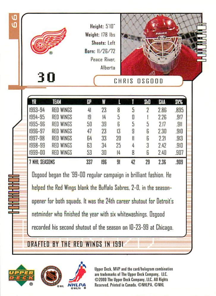 2000-01 UD MVP - Chris Osgood #66