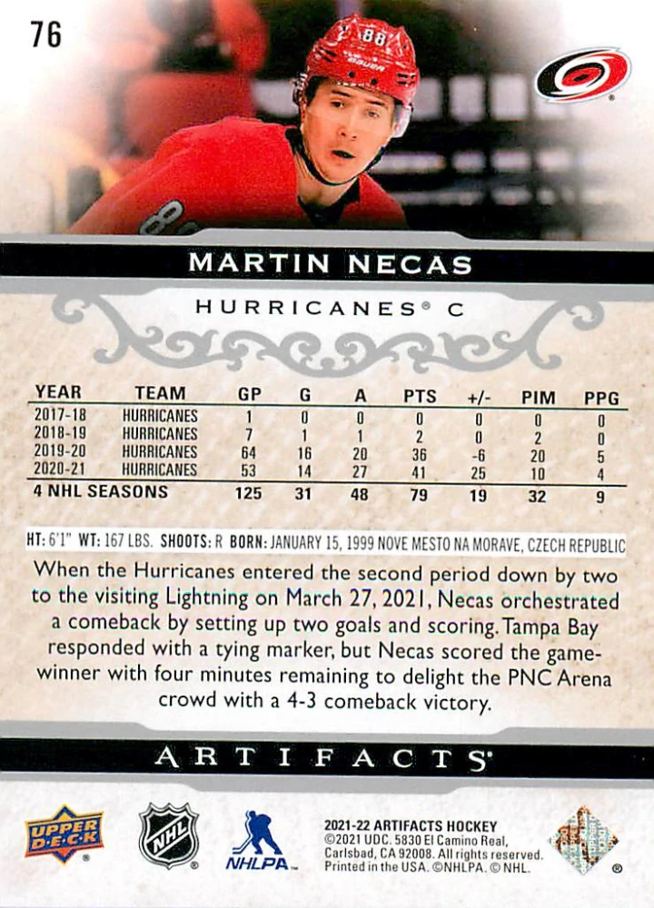 2021-22 UD Artifacts - Martin Nečas #76