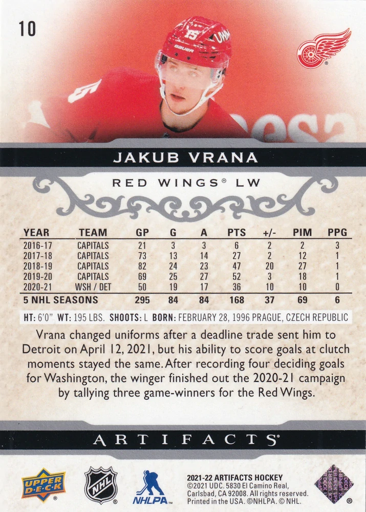 2021-22 UD Artifacts - Jakub Vrána #10