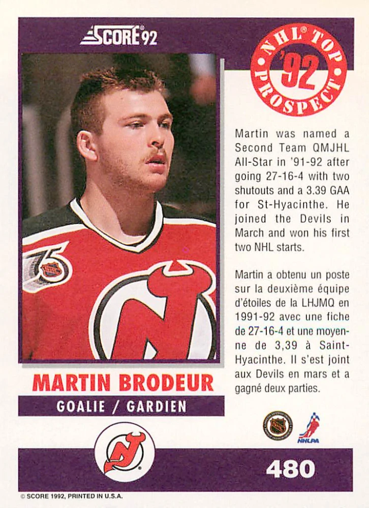 1992-93 Score Canadian - Martin Brodeur - NHL Top Prospect #480