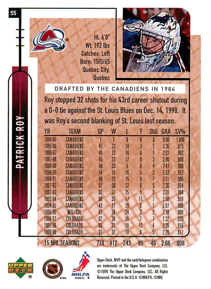 1999-00 UD MVP - Patrick Roy #55