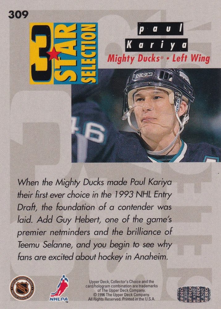1996-97 UD Collectors Choice - Paul Kariya, Guy Hebert, Teemu Selanne - 3 Star selection #309