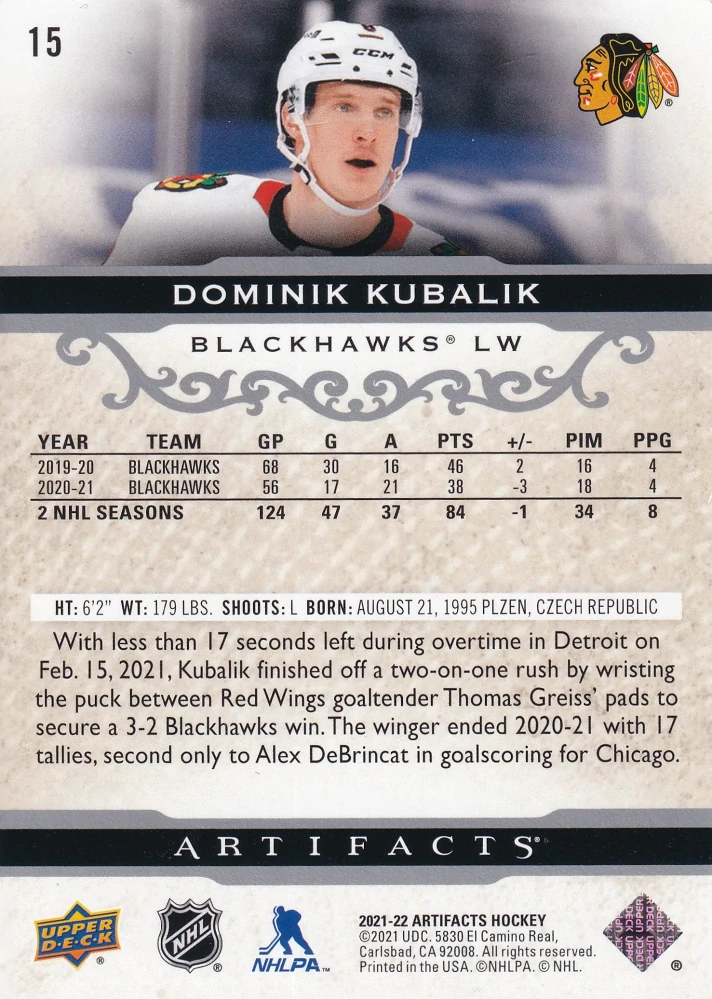 2021-22 UD Artifacts - Dominik Kubalík #15
