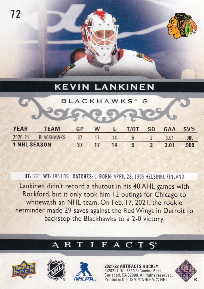 2021-22 UD Artifacts - Kevin Lankinen #72