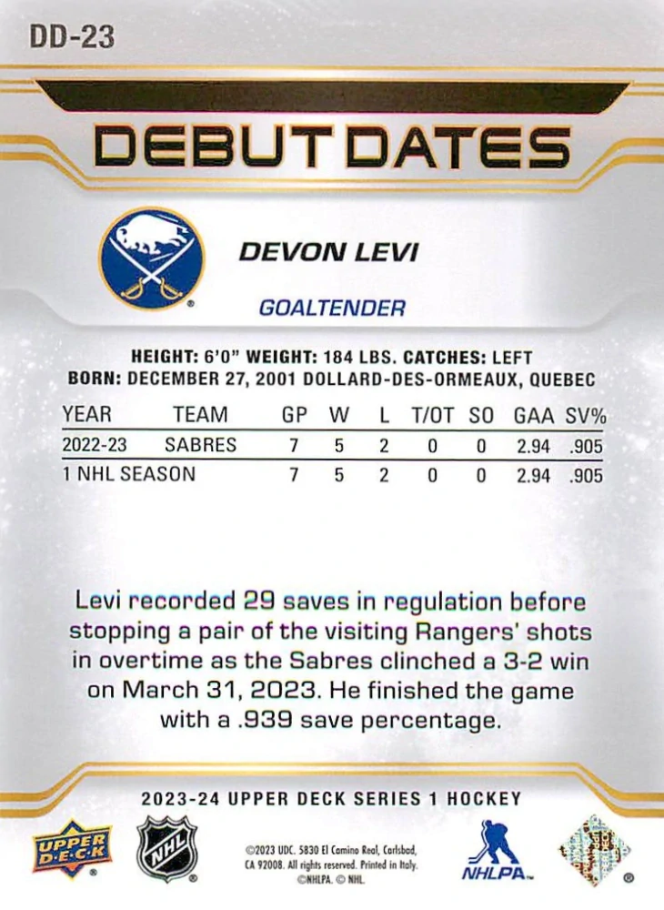 2023-24 UD Series 1 - Devon Levi - Debut Dates #DD-23