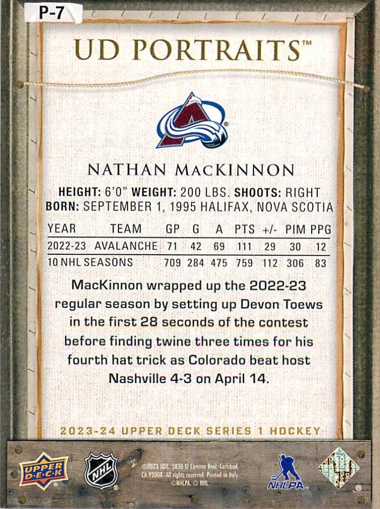 2023-24 UD Series 1 - Nathan MacKinnon - UD Portraits #P-7