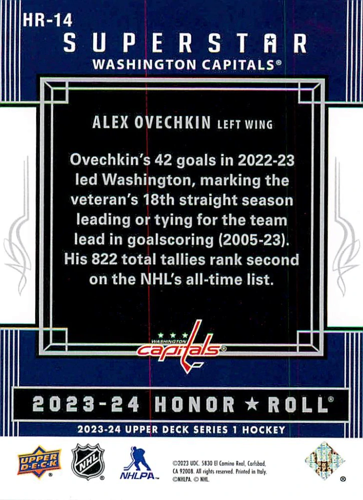 2023-24 UD Series 1 - Alex Ovechkin - Superstar Honor Roll #HR-14