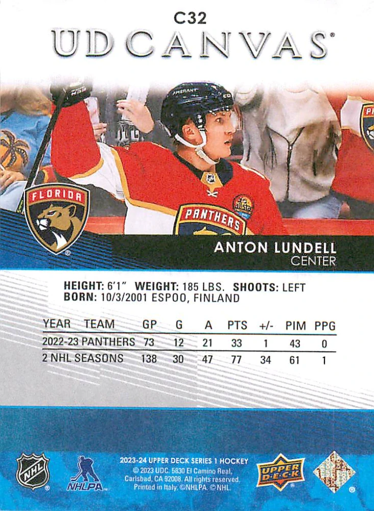 2023-24 UD Series 1 - Anton Lundell - Canvas #C32