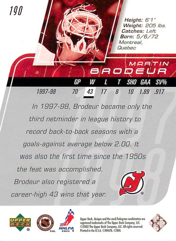 2002-03 UD Series 1 - Martin Brodeur - Memorable Seasons #190