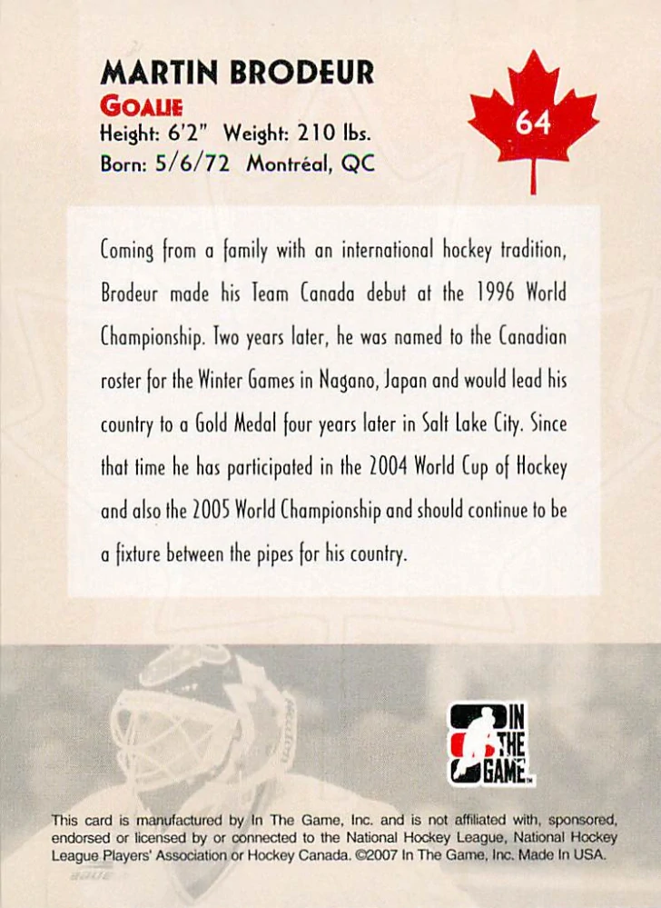 2007-08 ITG O Canada - Martin Brodeur - Grads #64