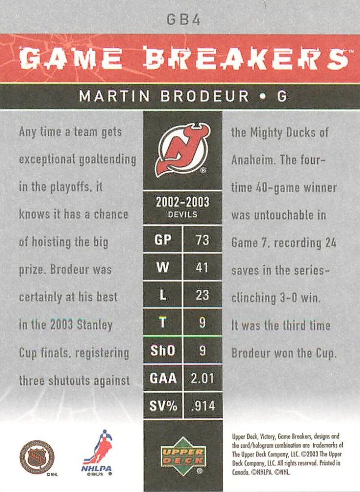 2003-04 UD Victory - Martin Brodeur - Game Breakers #GB4