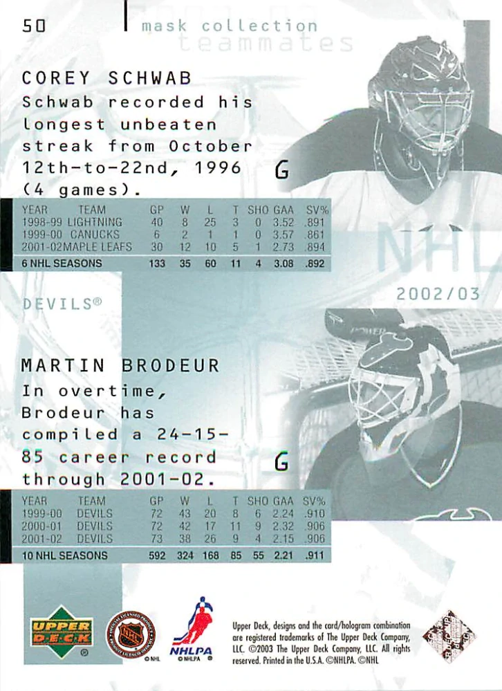 2002-03 UD Mask Collection - Martin Brodeur, Corey Schwab #50