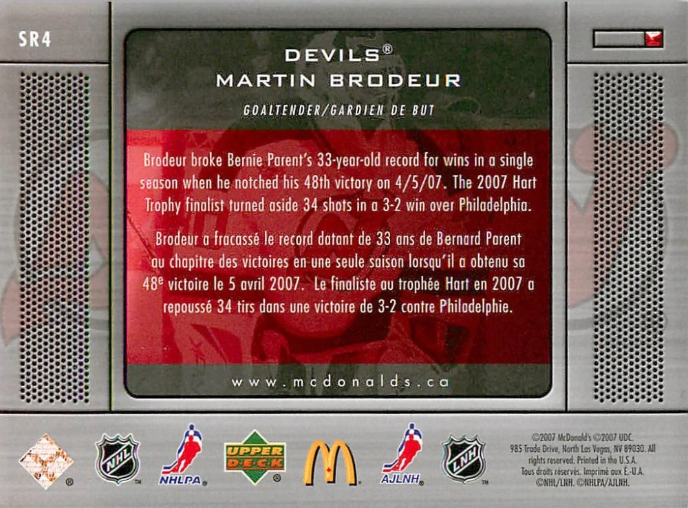 2007-08 UD McDonald's - Martin Brodeur - Season in Review #SR4