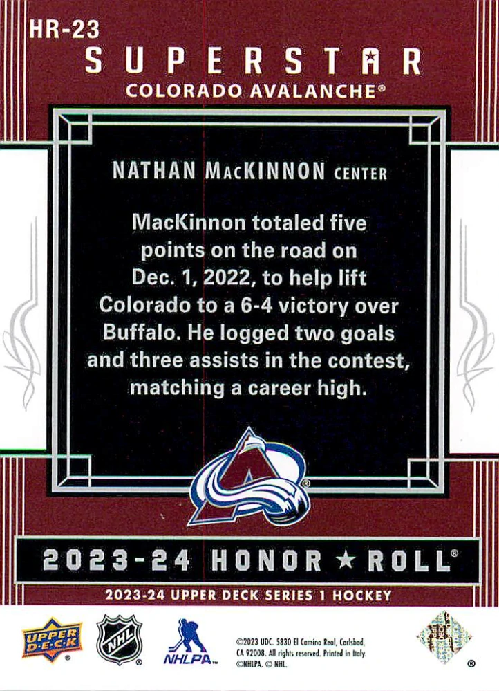 2023-24 UD Series 1 - Nathan MacKinnon - Honor Roll #HR-23