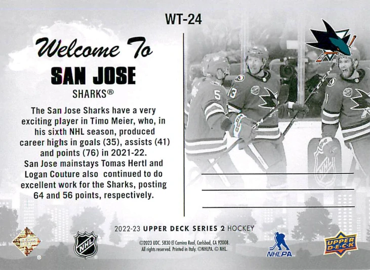 2022-23 UD Series 2 - Welcome To San Jose #WT-24