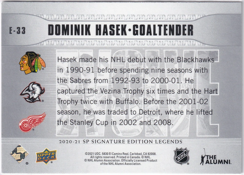 2020-21 UD SP Signature Edition Legends - Dominik Hašek - Evolve #E-33