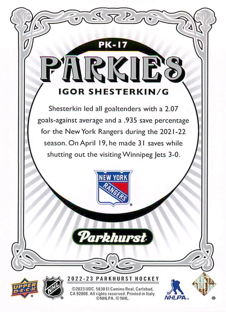 2022-23 UD Parkhurst - Igor Shesterkin - Parkies #PK-17