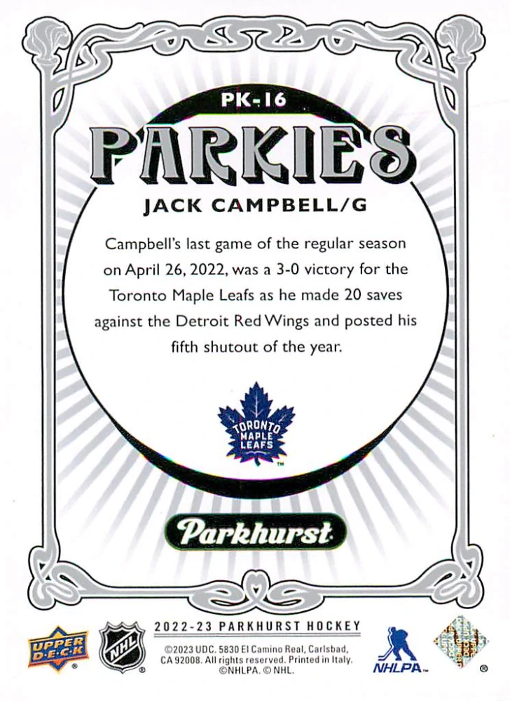 2022-23 UD Parkhurst - Jack Campbell - Parkies #PK-16
