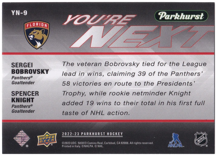 2022-23 UD Parkhurst - Sergei Bobrovsky, Spencer Knight - You're Next #YN-9