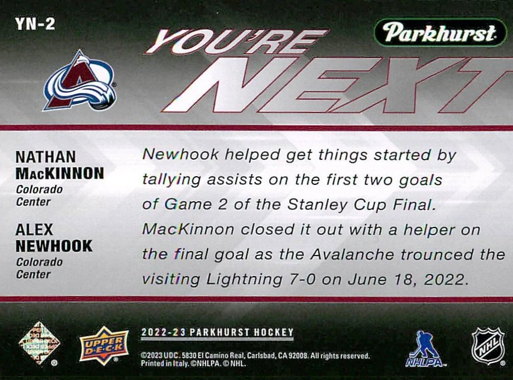 2022-23 UD Parkhurst - Nathan MacKinnon, Alex Newhook - You're Next #YN-2