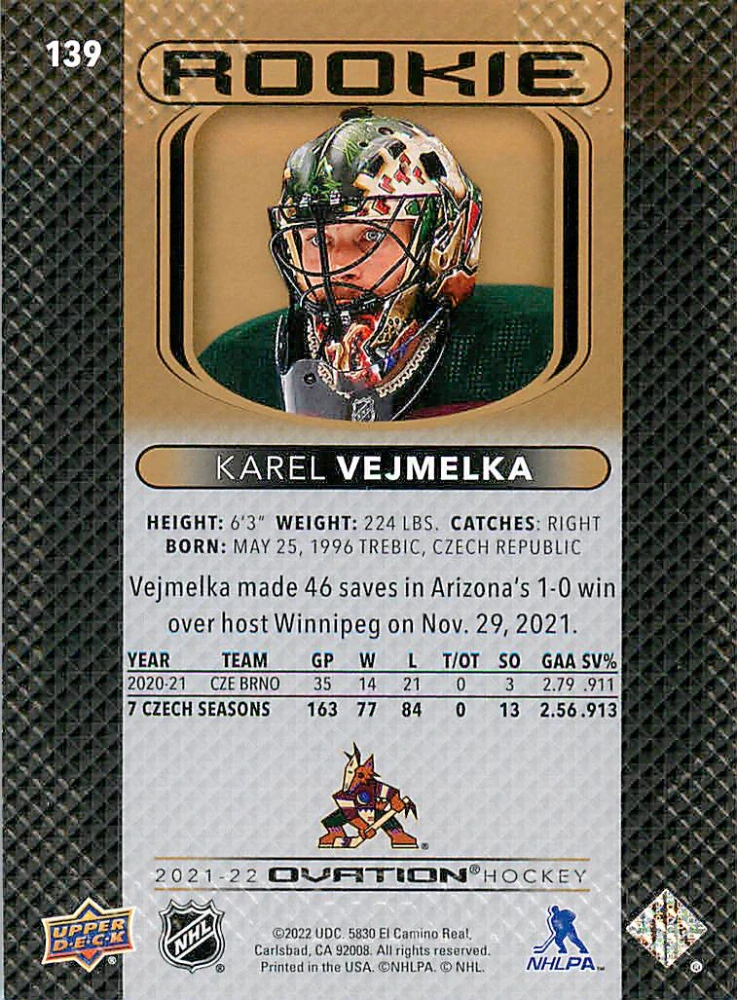 2021-22 UD Ovation - Karel Vejmelka - Rookie Gold Foil #139