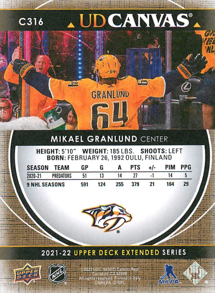 2021-22 UD Extended Series - Mikael Granlund - Canvas #C316