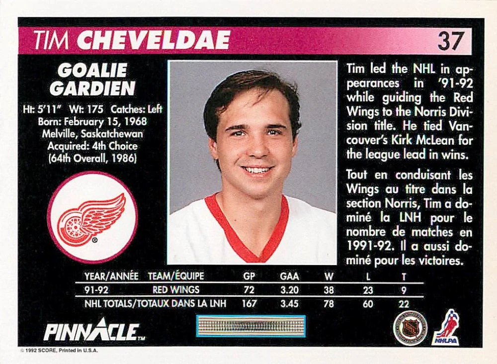 1992-93 Pinnacle Canadian - Tim Cheveldae #37