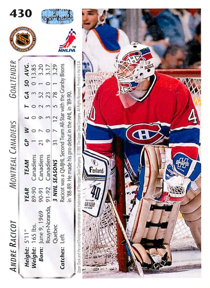 1992-93 UD Series - Andre Racicot #430