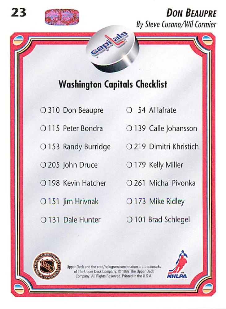 1992-93 UD Series - Don Beaupre - Washington Capitals Checklist #23