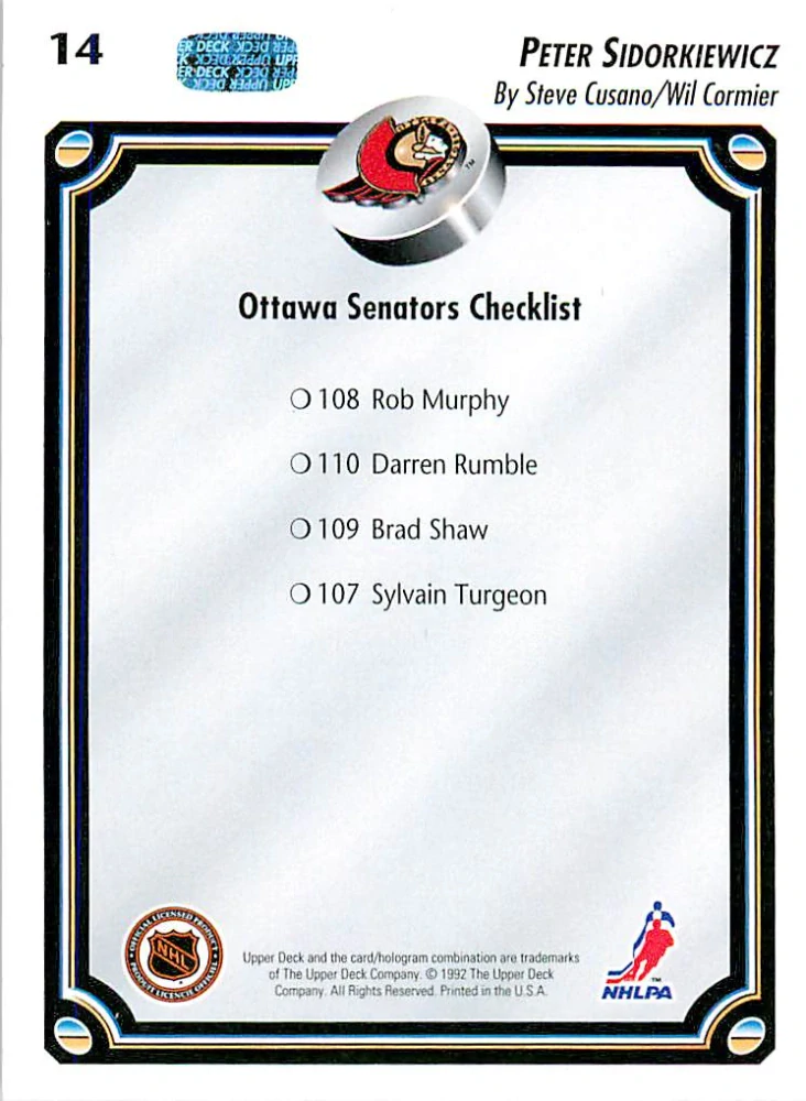 1992-93 UD Series - Peter Sidorkiewicz - Ottawa Senators Checklist #14