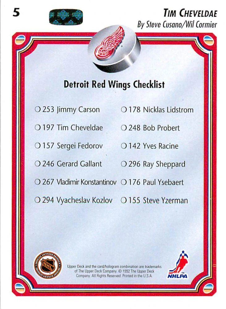 1992-93 UD Series - Tim Cheveldae - Detroit Red Wings Checklist #5