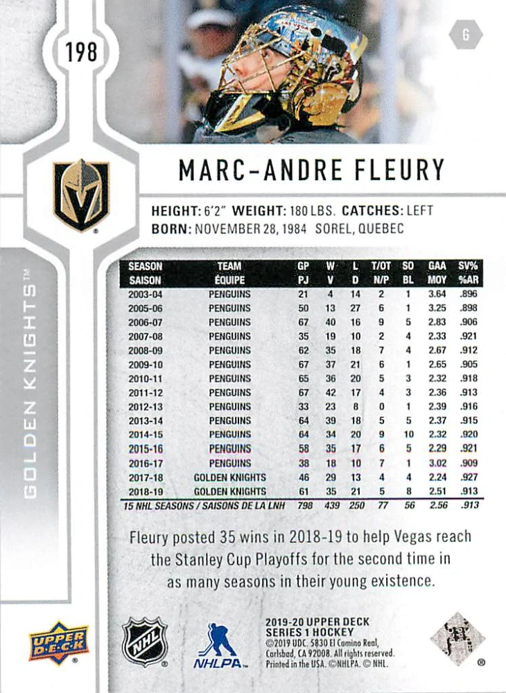 2019-20 UD Series 1 - Marc-Andre Fleury #198