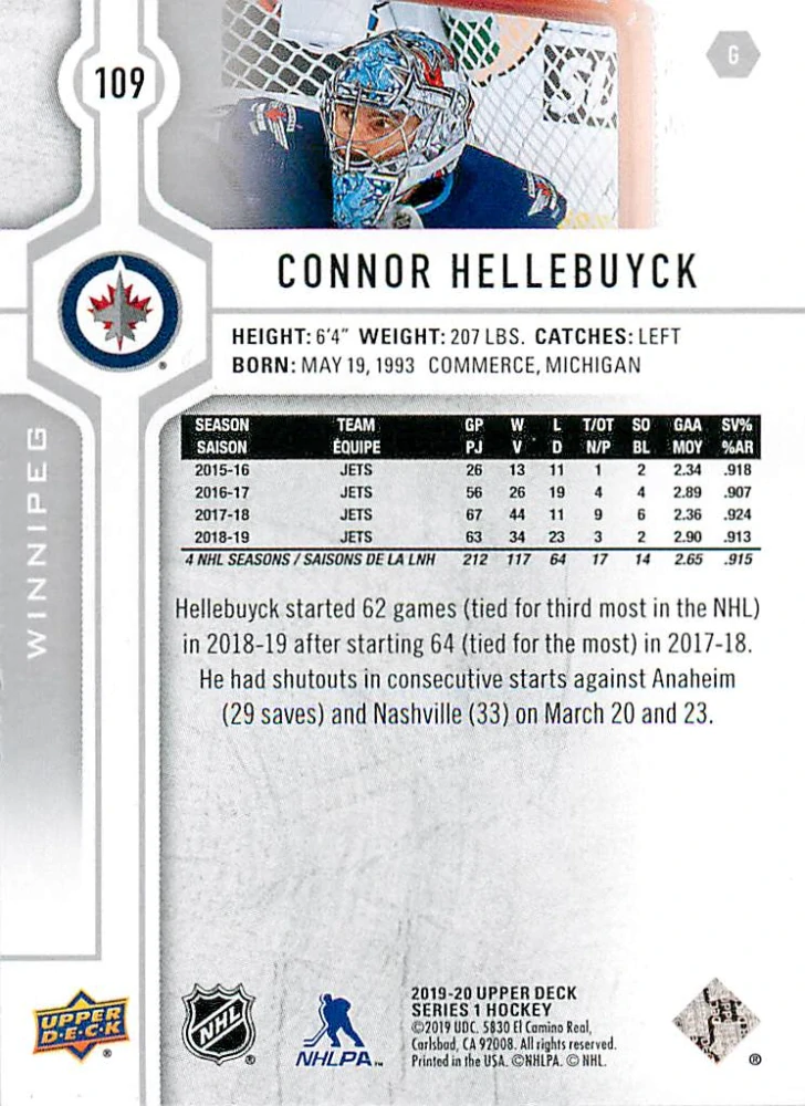 2019-20 UD Series 1 - Connor Hellebuyck #109