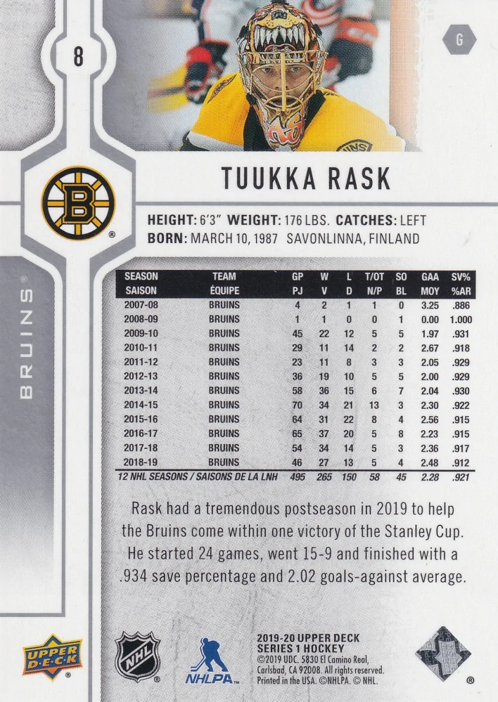 2019-20 UD Series 1 - Tuukka Rask #8