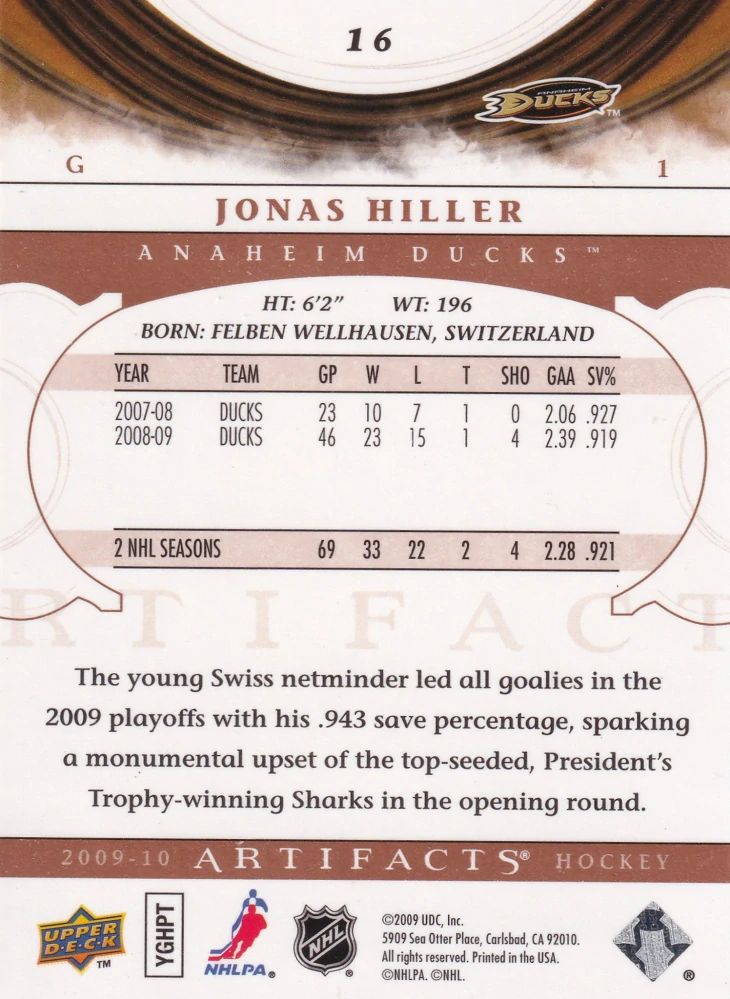 2009-10 UD Artifacts - Jonas Hiller #16