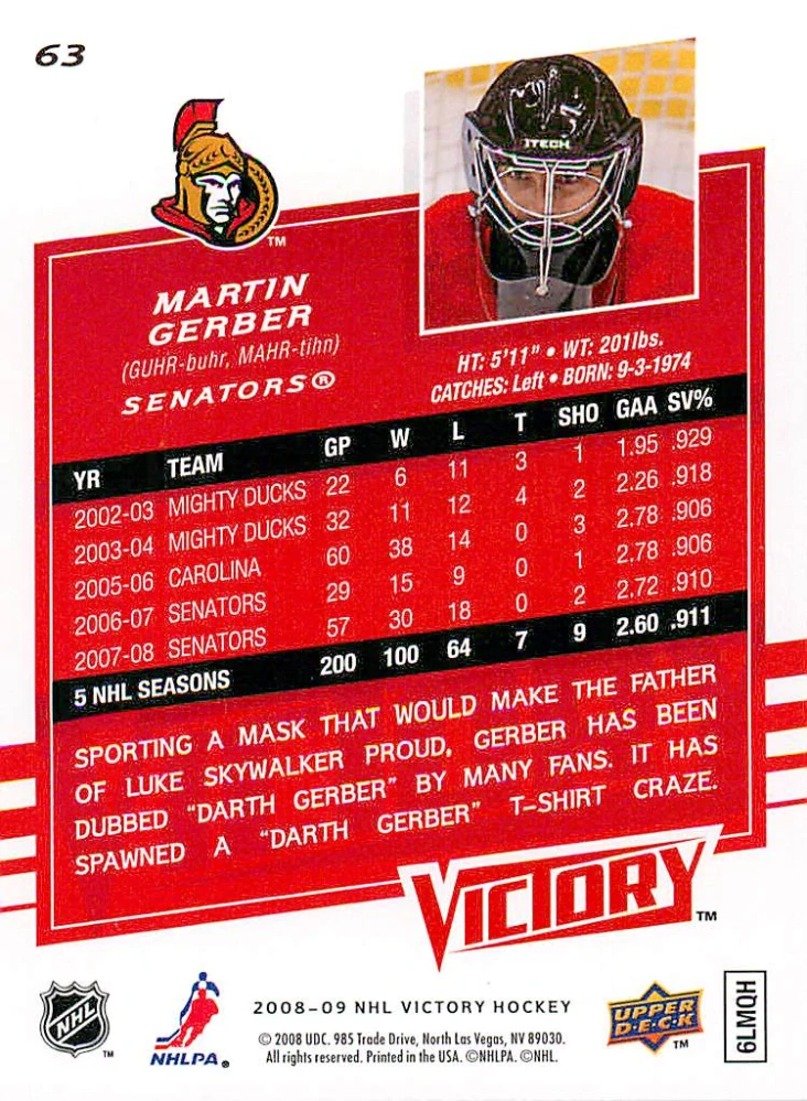 2008-09 UD Victory - Martin Gerber #63