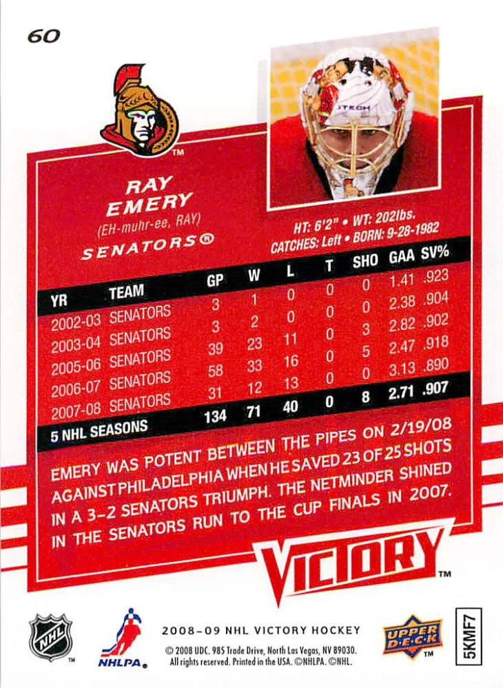2008-09 UD Victory - Ray Emery #60