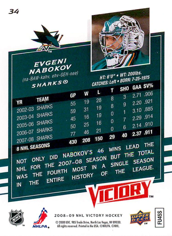 2008-09 UD Victory - Evgeni Nabokov #34