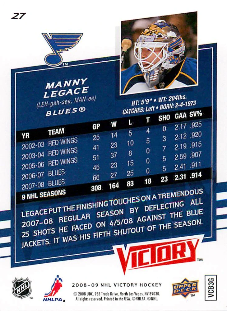2008-09 UD Victory - Manny Legace #27