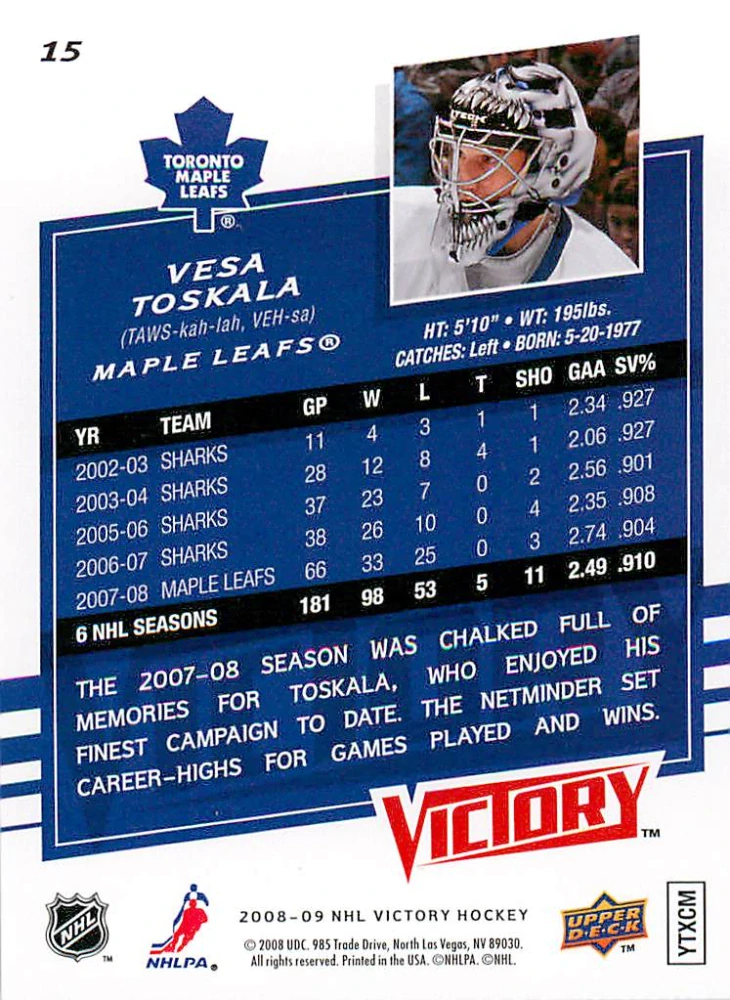 2008-09 UD Victory - Vesa Toskala #15