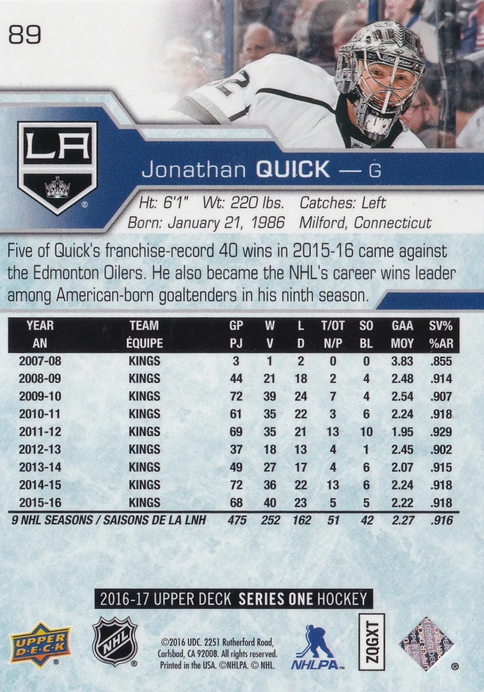 2016-17 UD Series 1 - Jonathan Quick #89