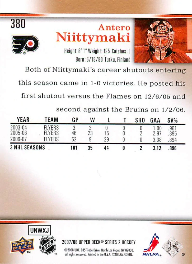 2007-08 UD Series 2 - Antero Niittymaki #380