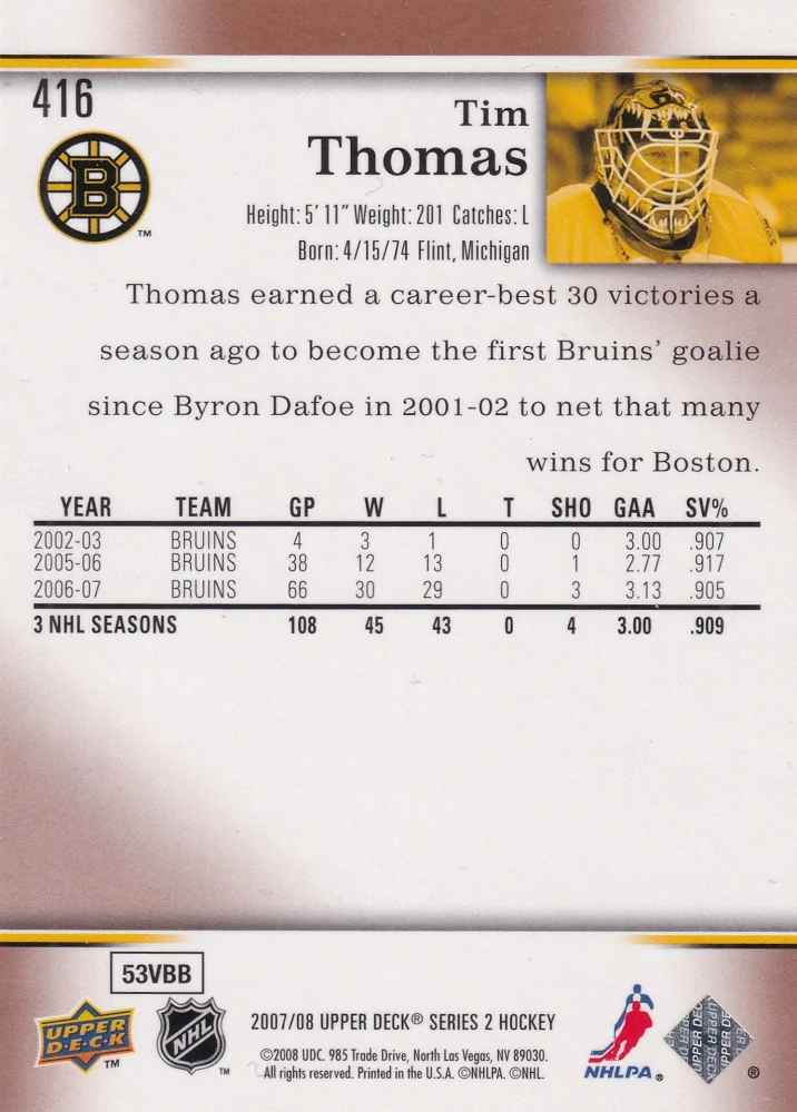 2007-08 UD Series 2 - Tim Thomas #416