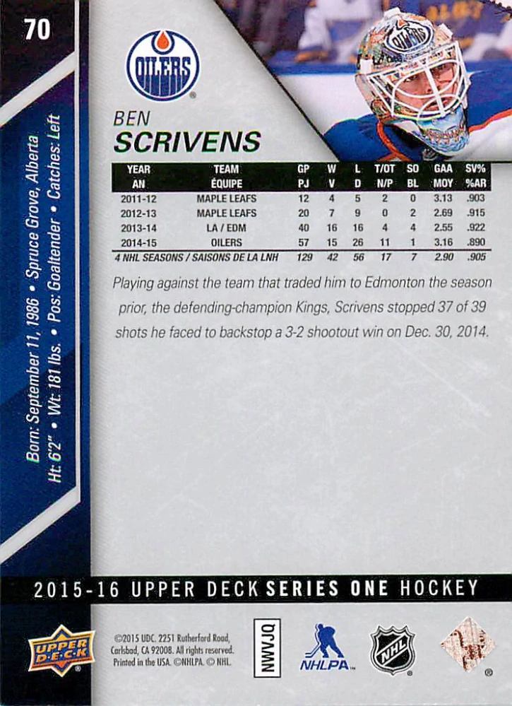 2015-16 UD Series 1 - Ben Scrivens #70