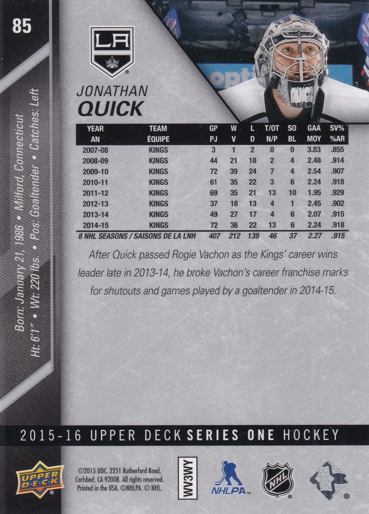 2015-16 UD Series 1 - Jonathan Quick #85