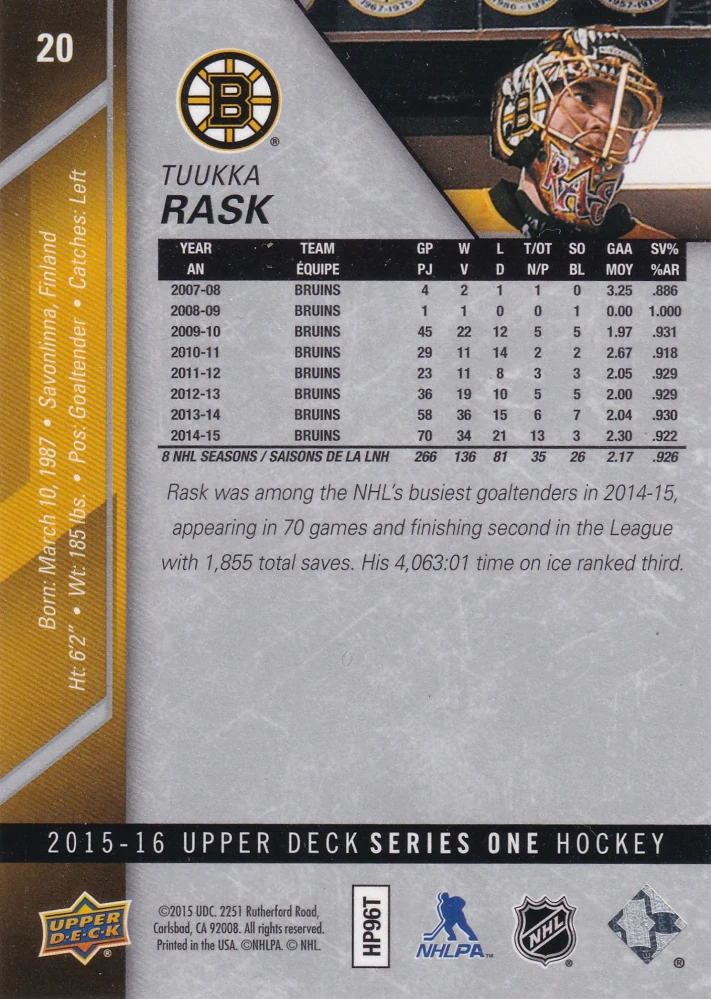 2015-16 UD Series 1 - Tuukka Rask #20