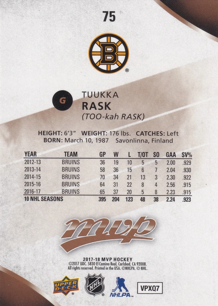 2017-18 UD MVP - Tuukka Rask #75