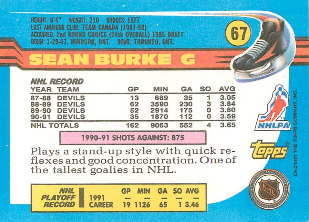 1991-92 Topps - Sean Burke #67