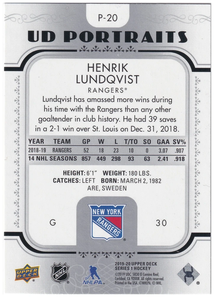 2019-20 UD Series 1 - Henrik Lundqvist - UD Portraits #P-20